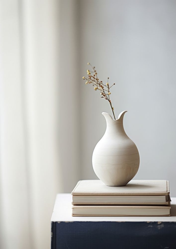  Marble sculpture white vase with vintage book on a table pottery plant decoration. AI generated Image by rawpixel.