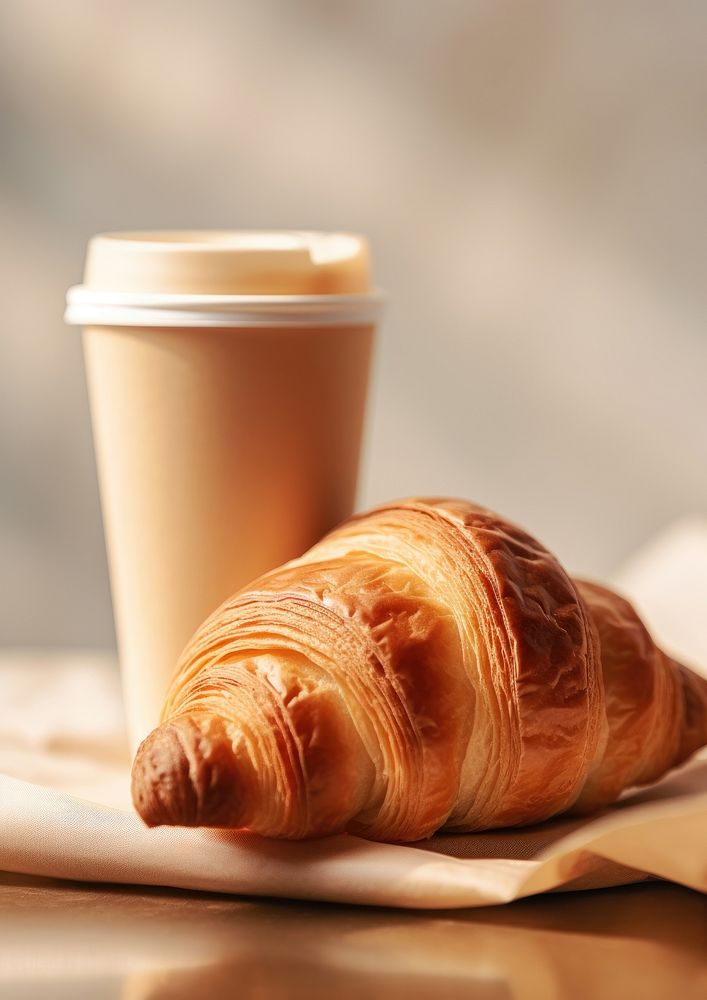  One croissant stack on top a paper cup bread brown food. AI generated Image by rawpixel.
