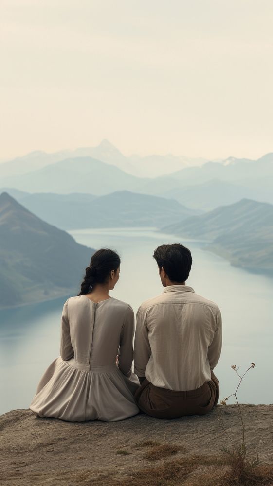 A couple sitting cutely on a mountain with lake background landscape outdoors nature.