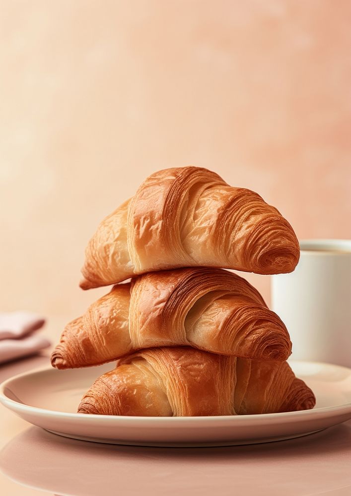 A croissant stack on top of a cup of coffee bread plate brown. AI generated Image by rawpixel.