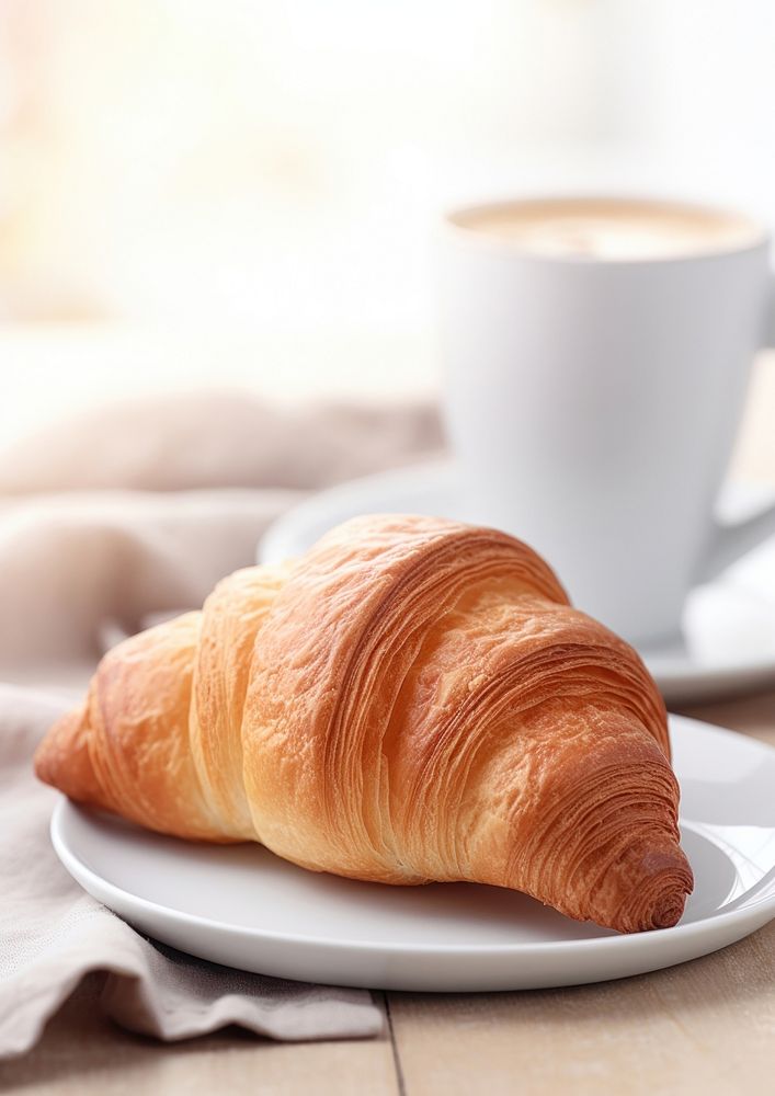  A croissant sitting on top of a cup of coffee bread food viennoiserie. AI generated Image by rawpixel.