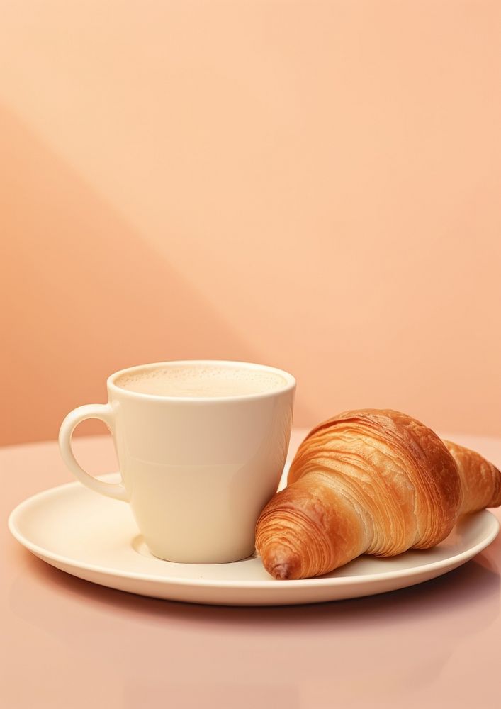  A croissant sitting on top of a cup of coffee bread food mug. AI generated Image by rawpixel.