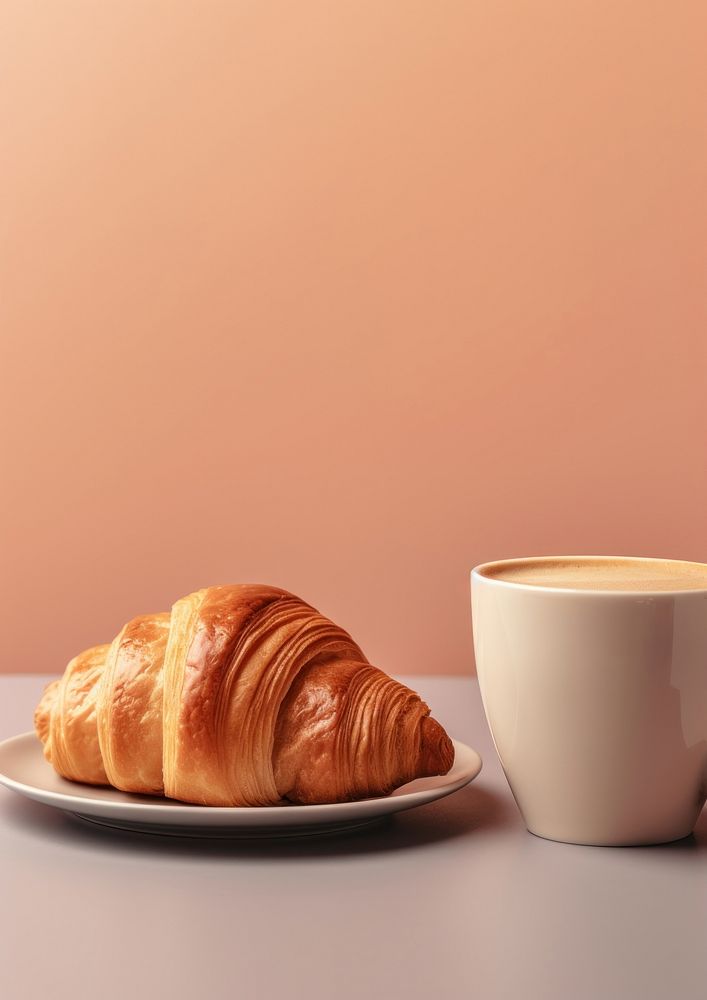  A croissant sitting on top of a cup of coffee bread drink food. AI generated Image by rawpixel.