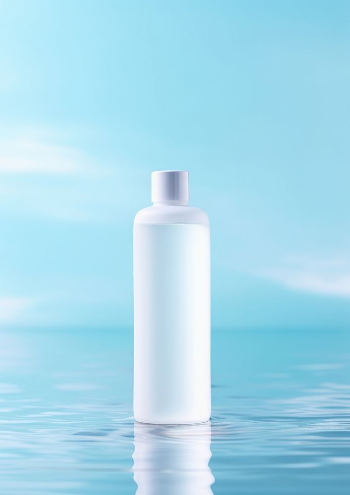  A bottle lotion sitting on top of a water reflection container drinkware. AI generated Image by rawpixel.