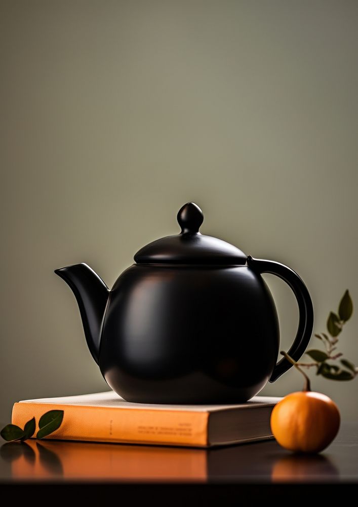  A black teapot sitting on top of a stack of books plant food refreshment. AI generated Image by rawpixel.