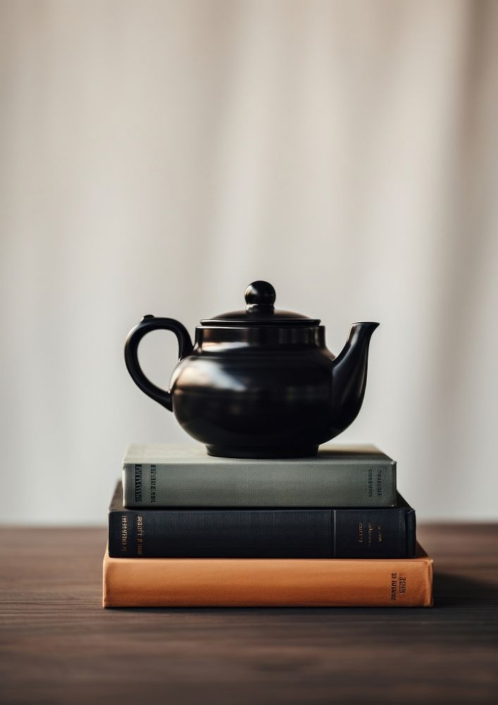  A black teapot sitting on top of a stack of books publication refreshment tableware. AI generated Image by rawpixel.