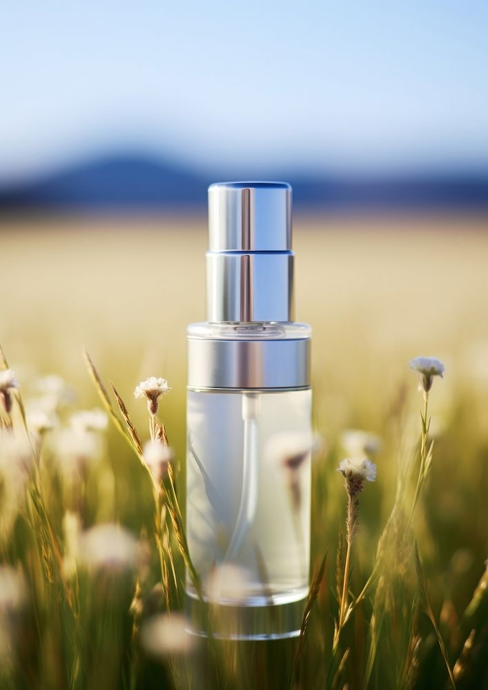  A Moisturizing serum floating on top of field cosmetics perfume flower. 