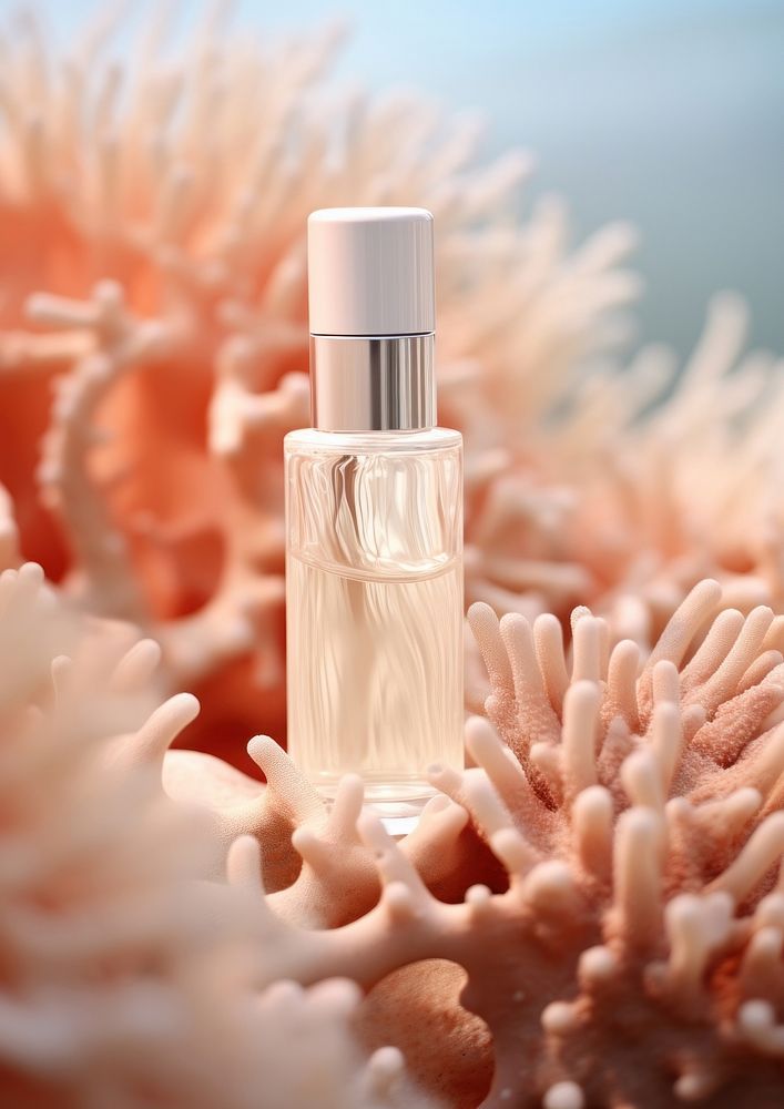 A Moisturizing serum floating on top of a drift coral cosmetics perfume underwater. AI generated Image by rawpixel.