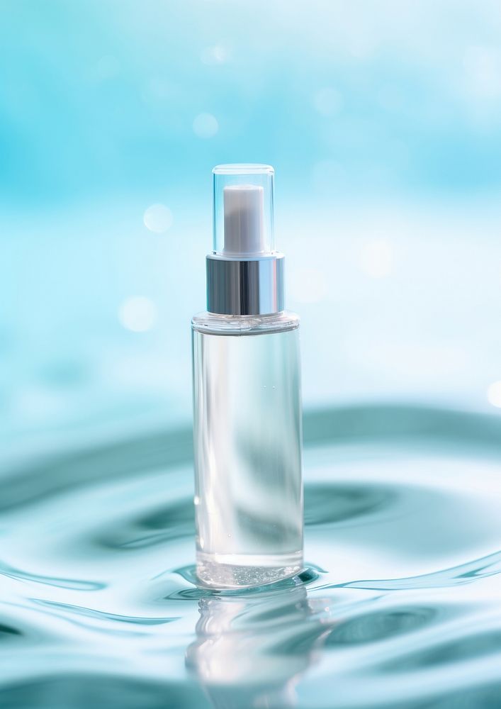  A Moisturizing serum floating on top of a water cosmetics perfume bottle. AI generated Image by rawpixel.