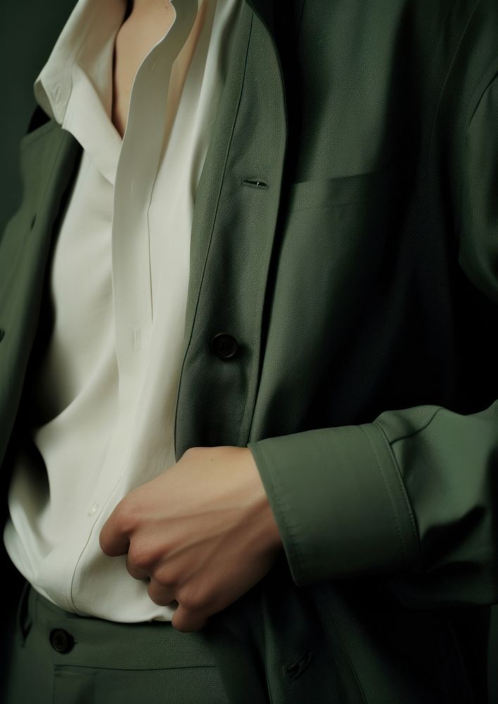  A person hand in pocket dark green coat and cream shirt jacket adult midsection. AI generated Image by rawpixel.