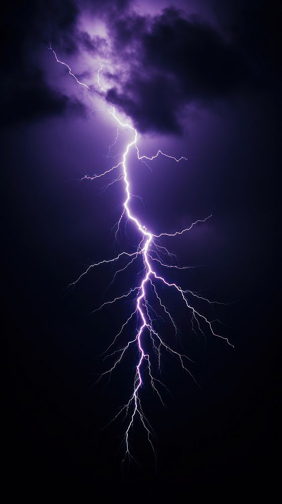  A purple lightning bolt in the dark sky thunderstorm outdoors nature. AI generated Image by rawpixel.