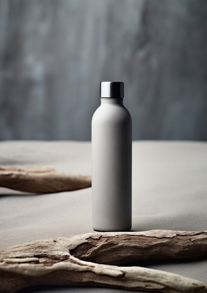 A reusable water bottle with driftwood cylinder refreshment container.