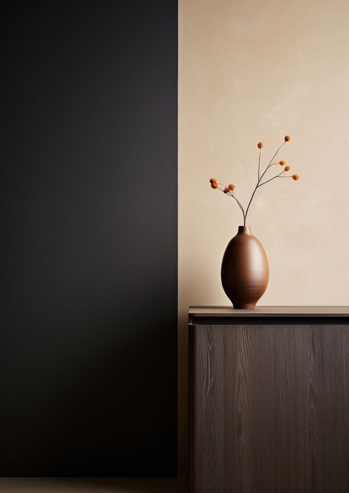  A wooden cabinet with vase architecture brown black. AI generated Image by rawpixel.