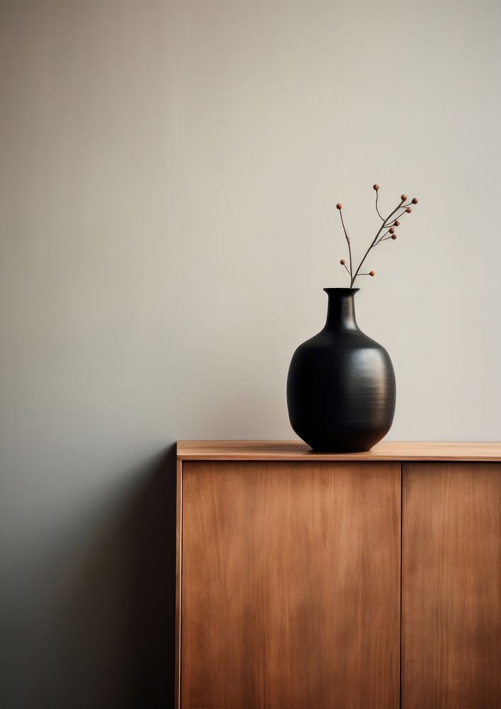  A wooden cabinet with vase black wall architecture. AI generated Image by rawpixel.