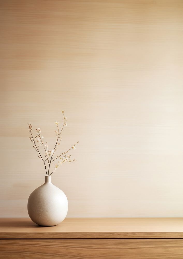  Top view of a wooden cabinet with vase flower plant wall. AI generated Image by rawpixel.