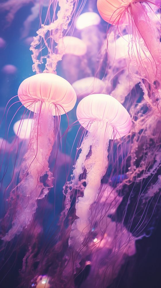  Pale purple glow jellyfish invertebrate transparent underwater. AI generated Image by rawpixel.