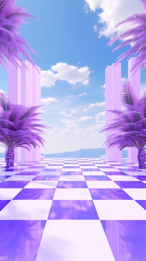  A purple and white checkered pattern is shown outdoors sky architecture. AI generated Image by rawpixel.