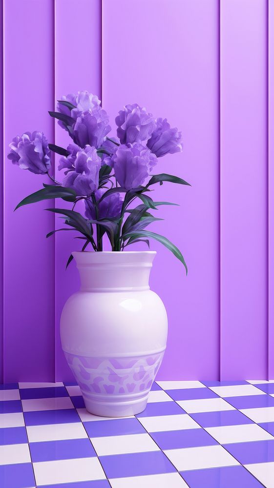  A purple and white checkered pattern is shown flower plant decoration. AI generated Image by rawpixel.