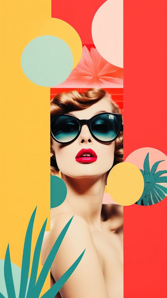 Minimal Collage Retro dreamy of adult sunglasses lipstick portrait. AI generated Image by rawpixel.