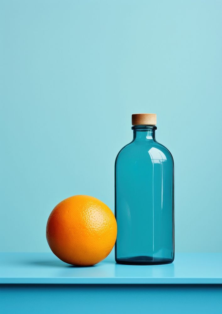 A blue bottle sitting on top of a table next to oranges grapefruit glass plant. AI generated Image by rawpixel.