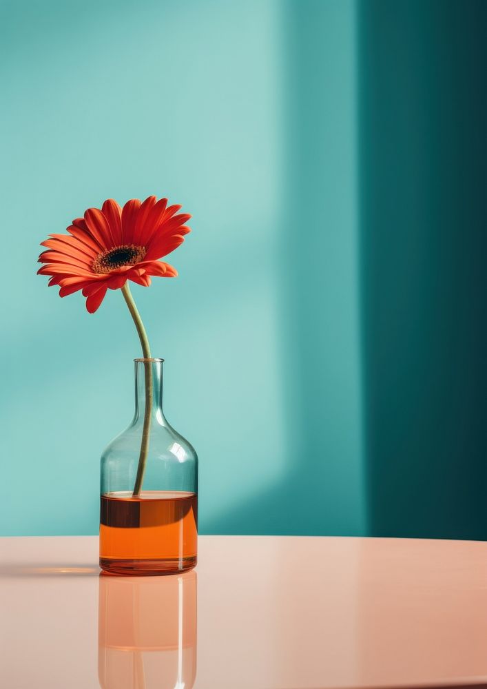 A flower in a vase on a table wiht mirror bottle petal plant. AI generated Image by rawpixel.