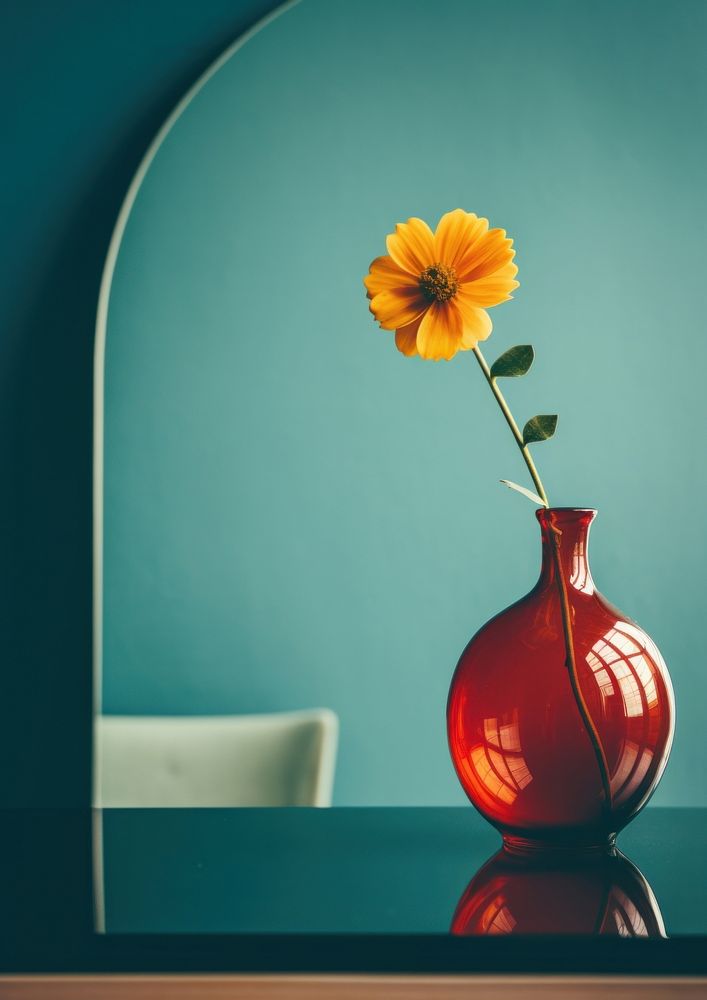 A flower in a vase on a table with mirror plant petal red