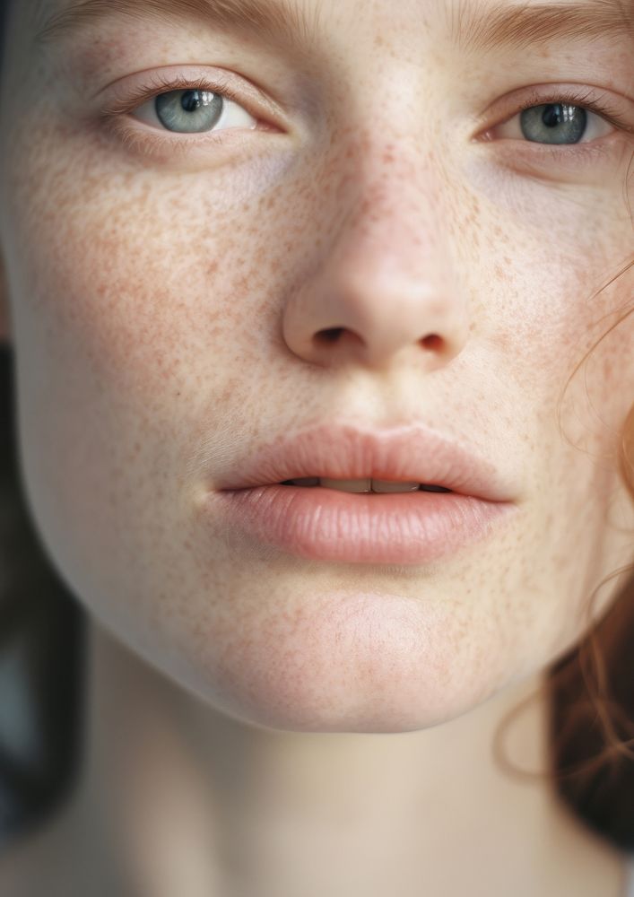 A middle age face skin with lip freckle hairstyle forehead.
