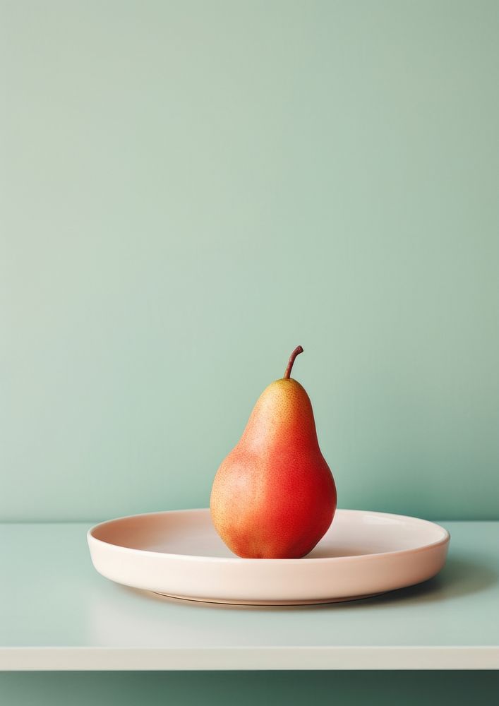 A plate with a pear and white vase on a table fruit plant food. AI generated Image by rawpixel.