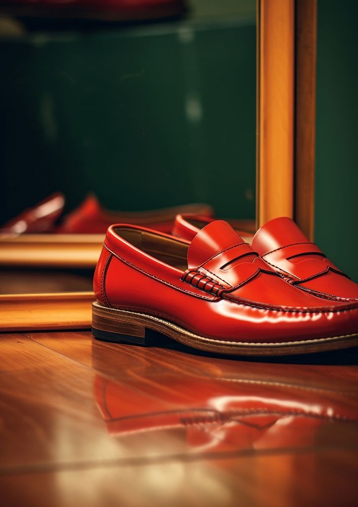 A red loafer withwith vintage mirror on a table footwear shoe blackboard. AI generated Image by rawpixel.