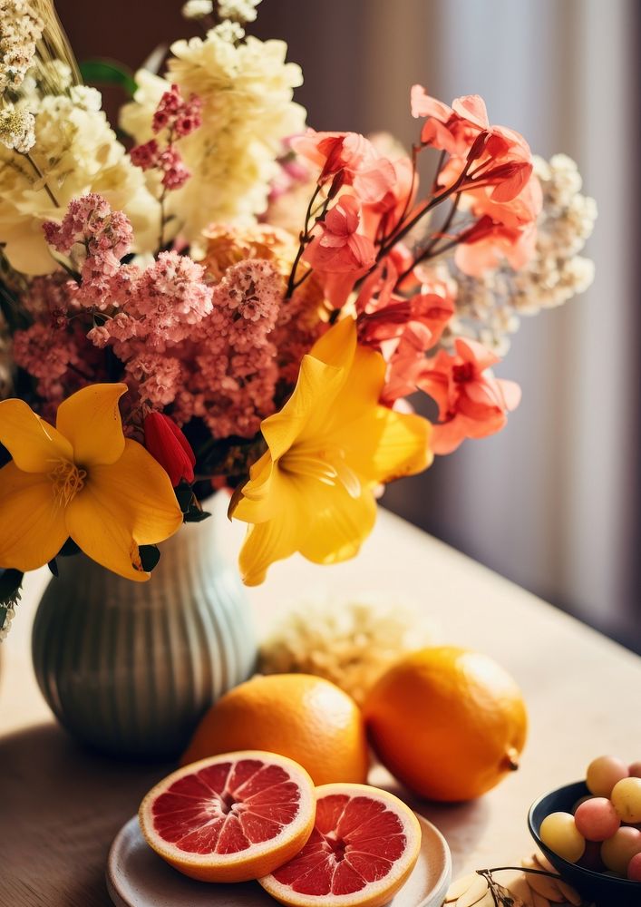 Beautiful flower bouquet and fresh fruits on tabletop grapefruit plant petal. AI generated Image by rawpixel.