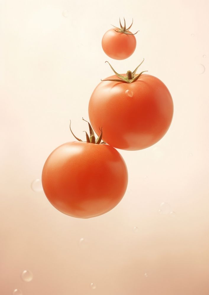 Three tomato floats in the air vegetable fruit plant.
