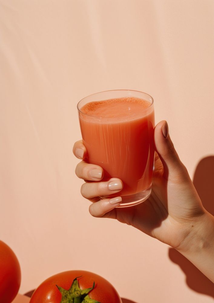 A person holding a glass of tomato juice with a tomato drink food red.