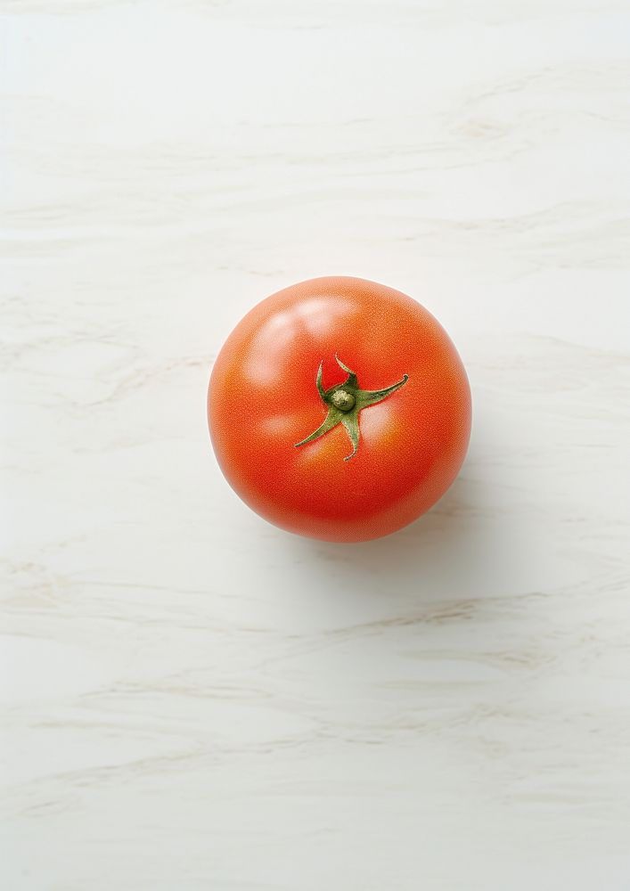 A tomato sitting on top of a white counter vegetable plant food.