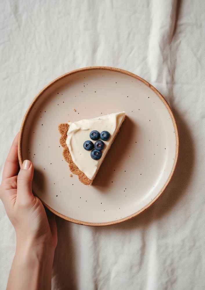 A person holding piece of blueberry pie on plate cheesecake dessert food.