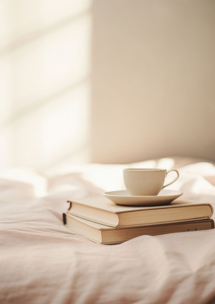 A coffee cup sitting on top of a plate on a bed book publication drink. AI generated Image by rawpixel.