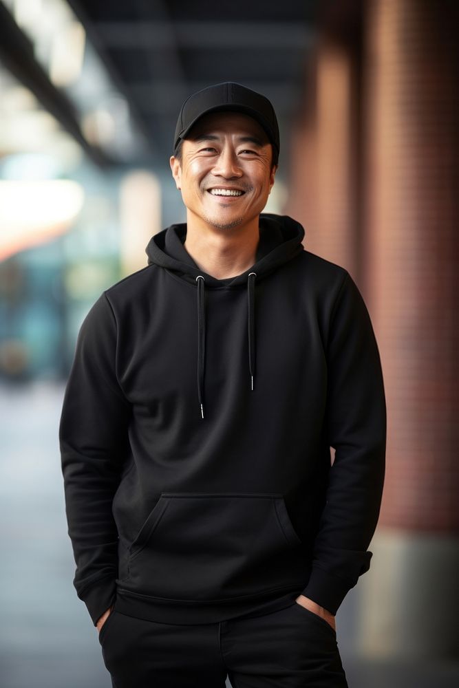 Happy asian american middle age man wearing black hoodie architecture sweatshirt portrait.