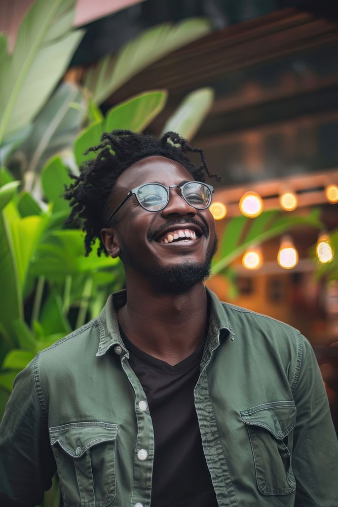 Black man and smile for phone communication portrait glasses adult.