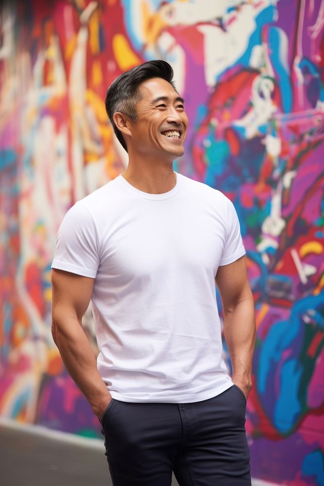 Happy asian american middle age man wearing white t-shirt smile adult men.