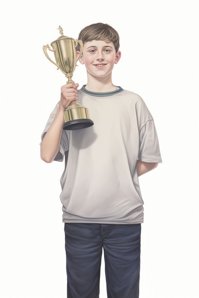 Kid holding a trophy t-shirt white background achievement. AI generated Image by rawpixel.