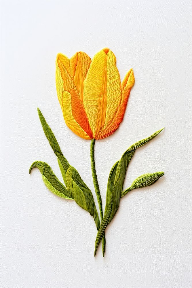 Embroidery style yellow tulip white fabric leaves.