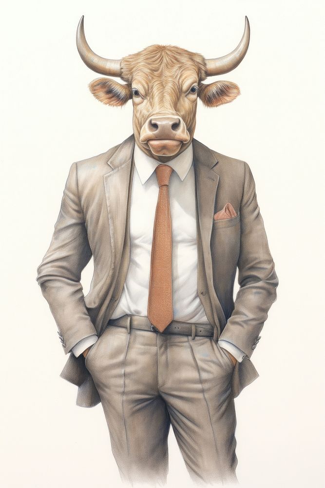 Bull character businessman livestock buffalo drawing.