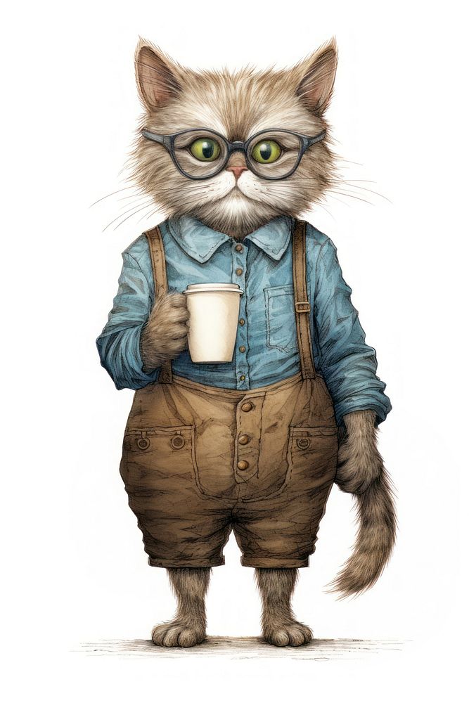 Cat character barista holding coffee cup drawing sketch portrait.