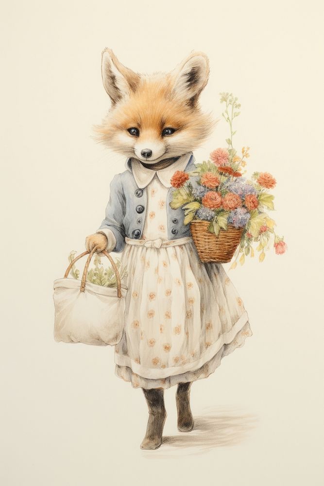 Fox character holding flower basket drawing mammal animal.