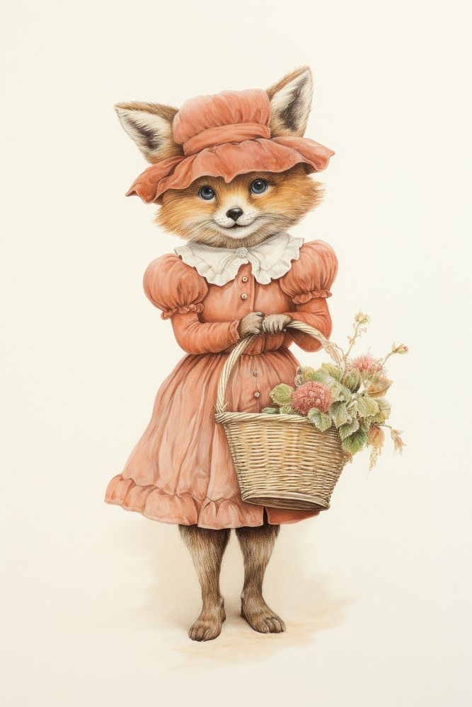 Fox character holding flower basket drawing mammal sketch.