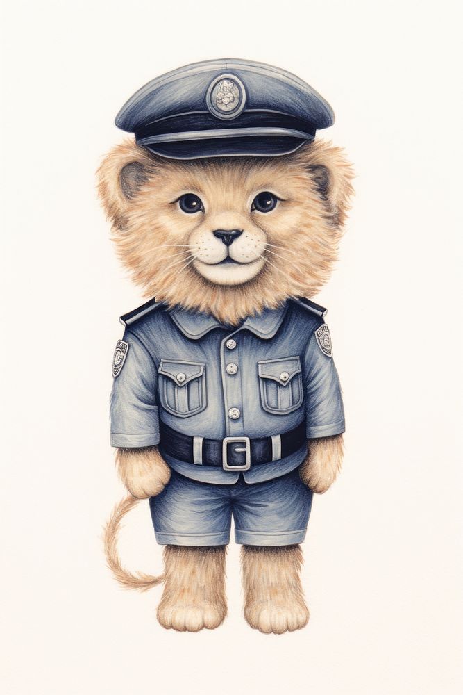 Lion character wearing police costume drawing sketch representation.