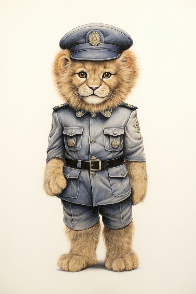 Lion character wearing police costume mammal representation accessories.