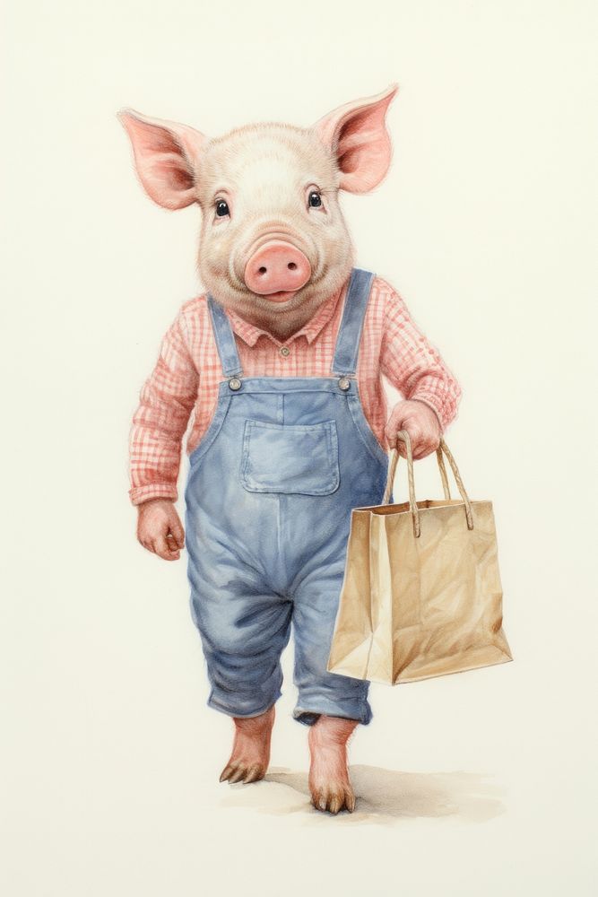 Pig character holding grocery shopping bag drawing mammal animal.