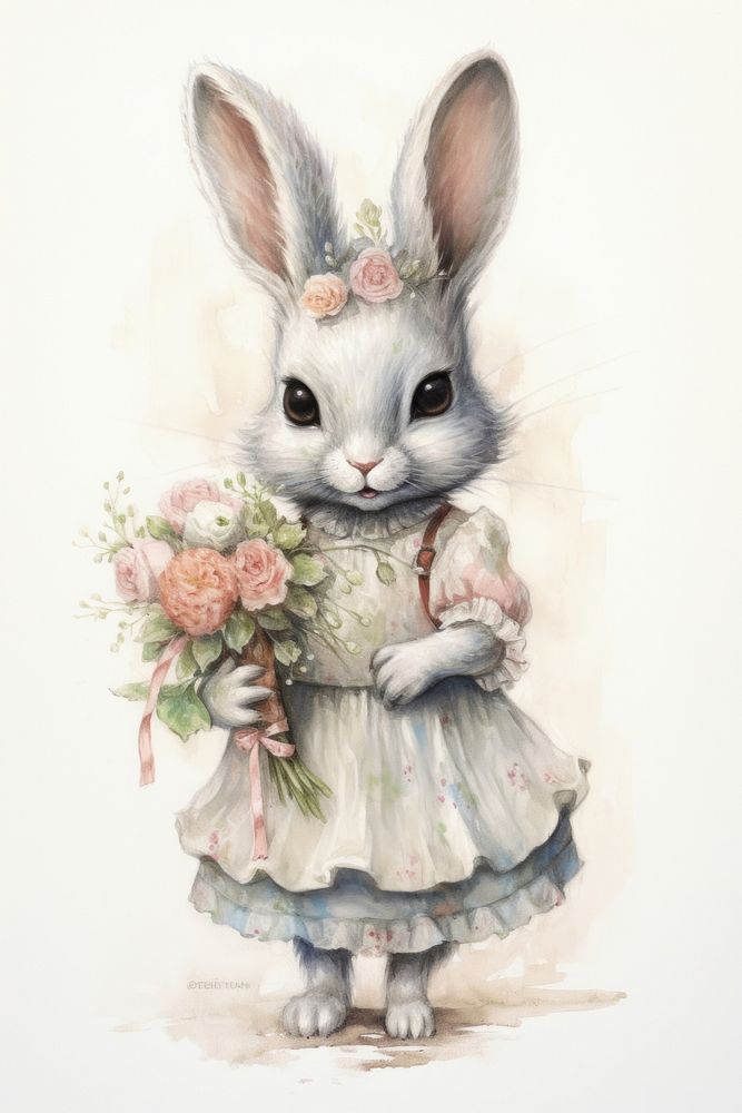 Rabbit character holding flower basket drawing sketch animal.