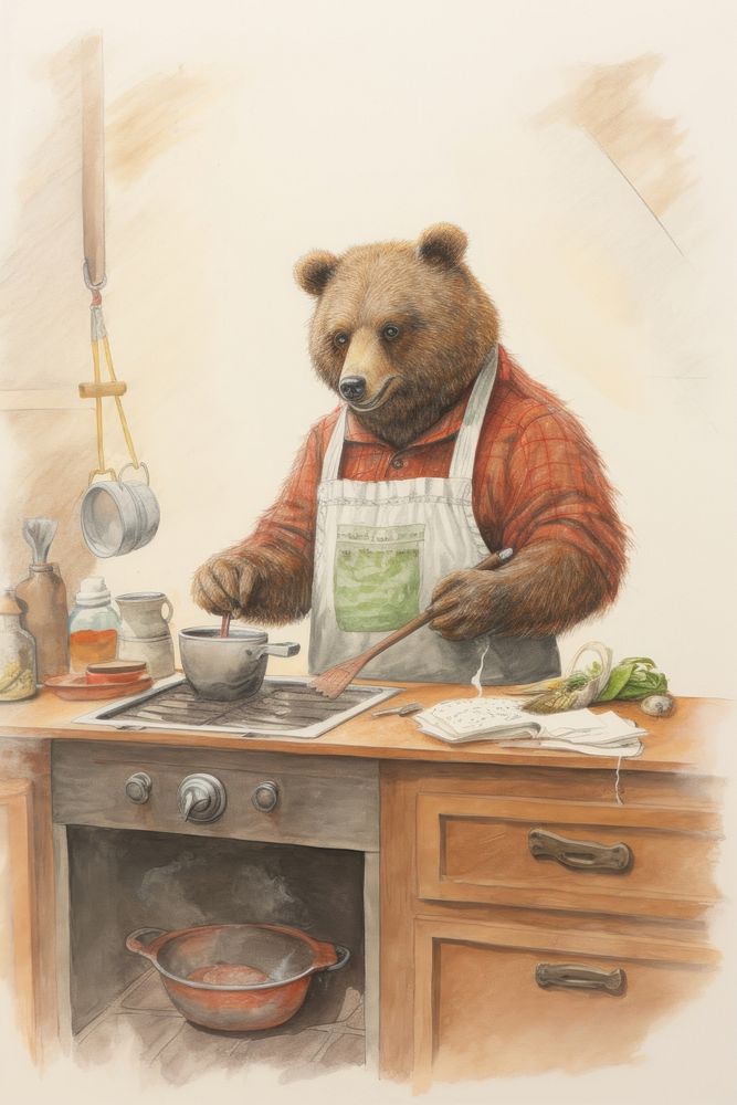 Bear character cooking painting mammal sketch.