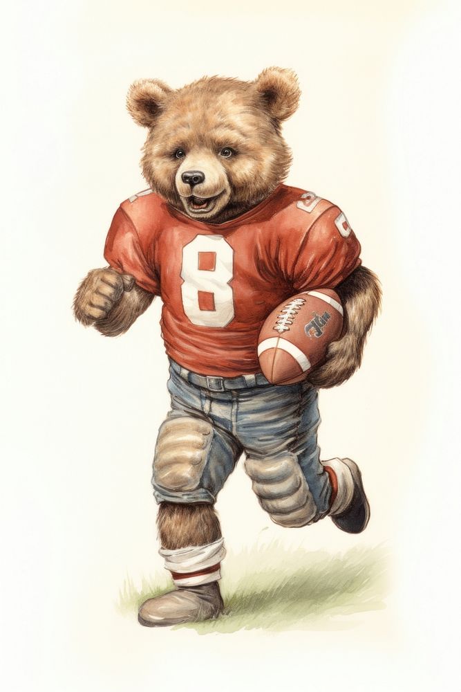 Bear character playing american football drawing sports sketch.